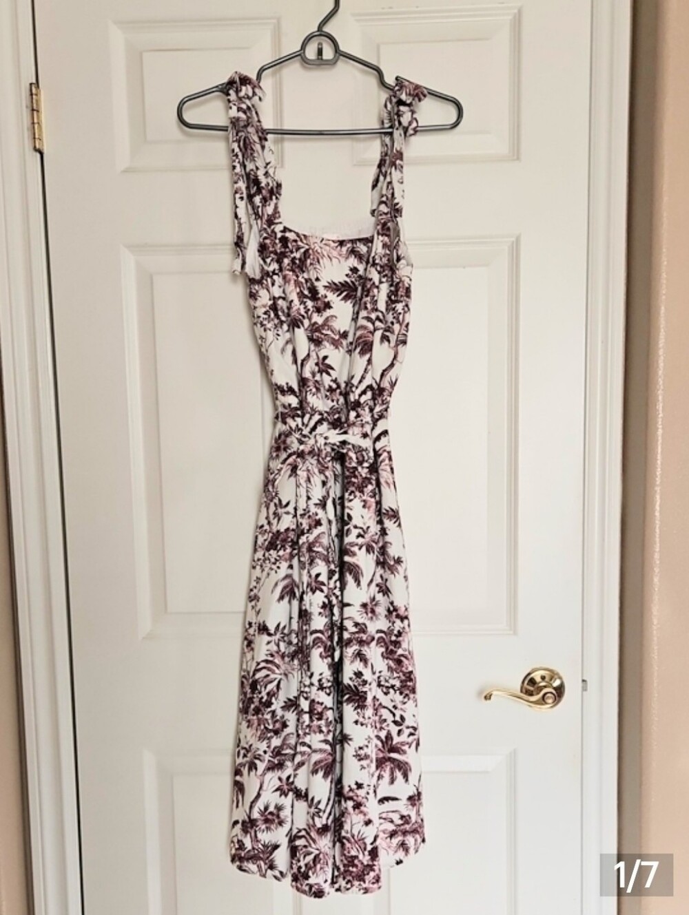 White and Burgundy Floral Print Tie-Shoulder Midi Dress